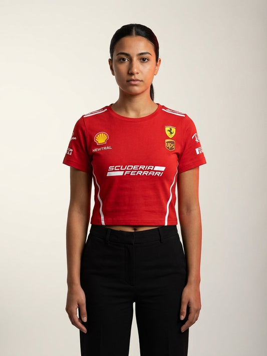 Newtral Ferrari Scuderia women's crop tee in red, front view, studio