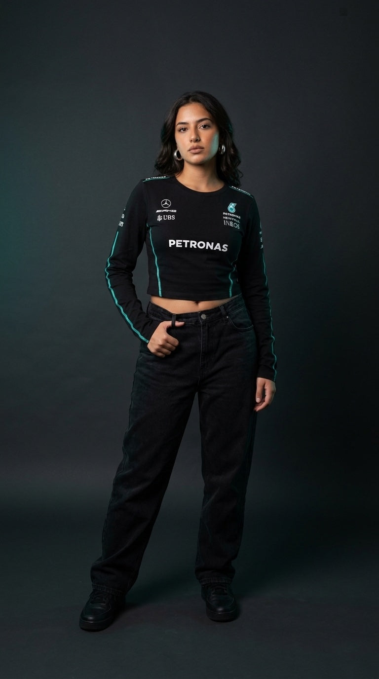 Newtral Mercedes-AMG Petronas women's long-sleeve top in black, front view, full body, studio