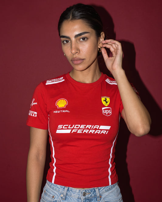 Newtral Scuderia Ferrari women's tee in red, front view, close up