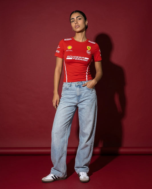 Newtral Scuderia Ferrari women's tee in red, front view, full body