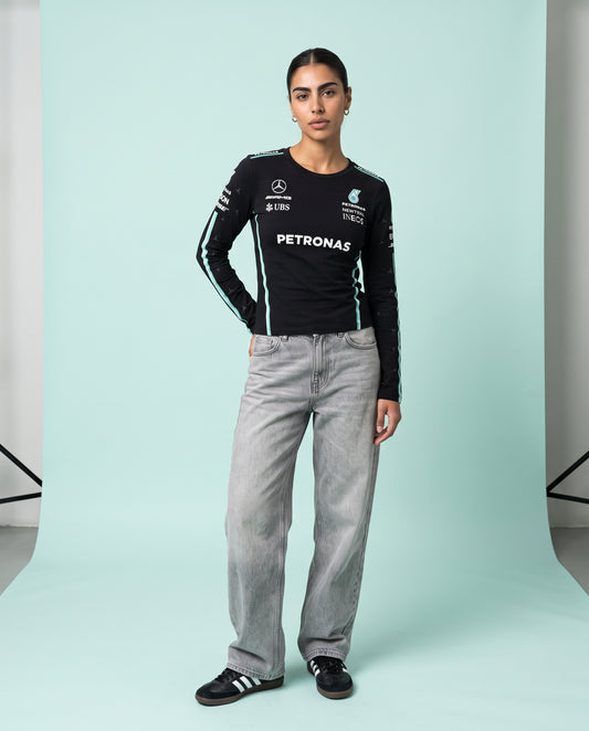 Newtral Mercedes-AMG Petronas women's long-sleeve top in black, front view, full body