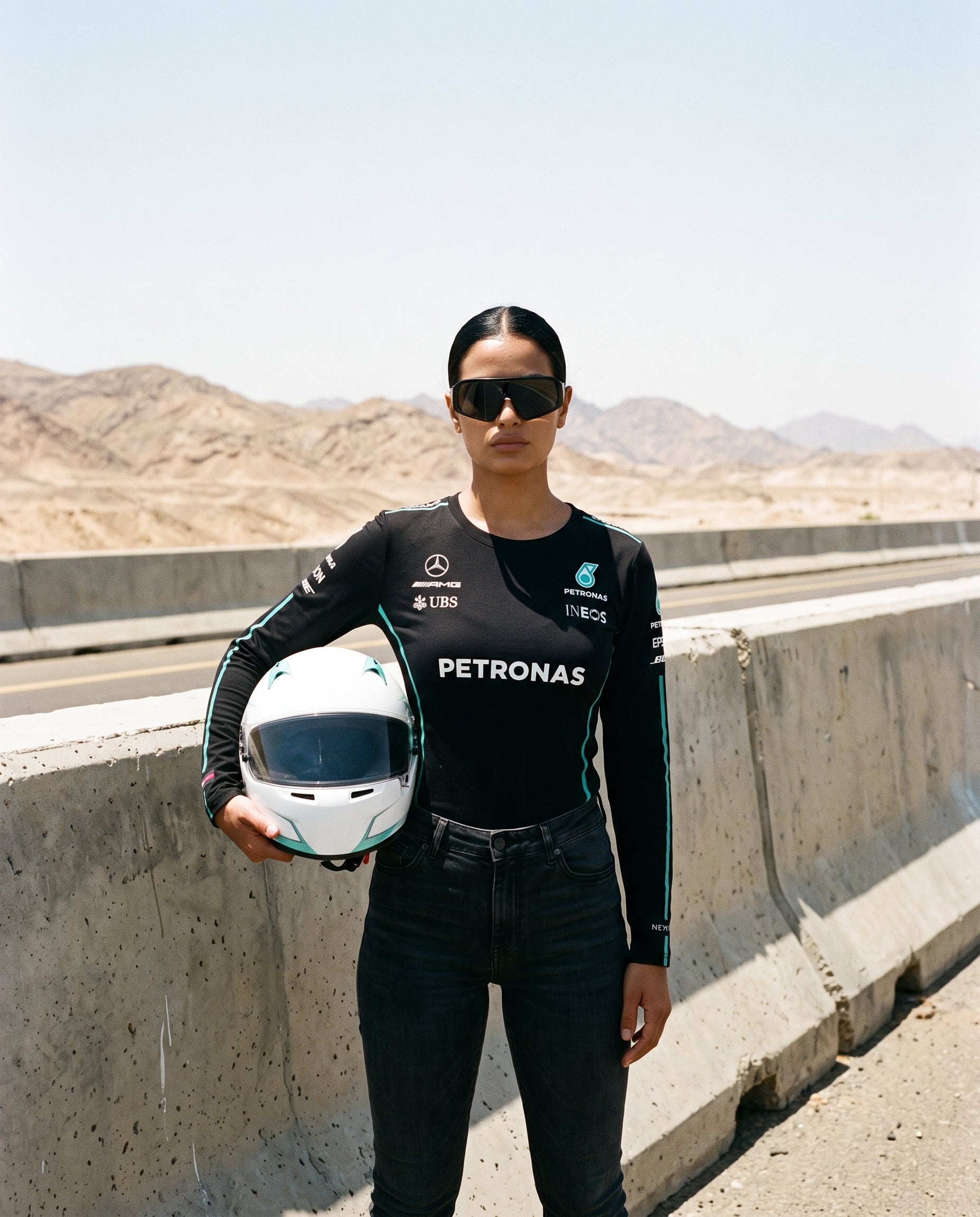 Newtral Mercedes-AMG Petronas women's longsleeve crop, front with helmet