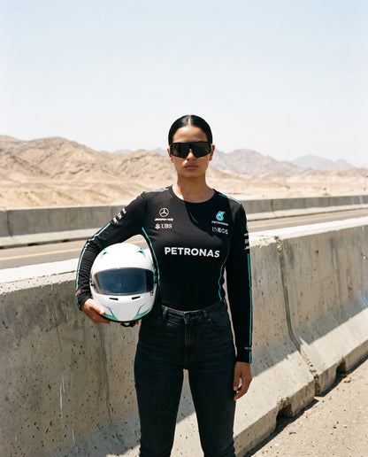Newtral Mercedes-AMG Petronas women's longsleeve crop, front with helmet