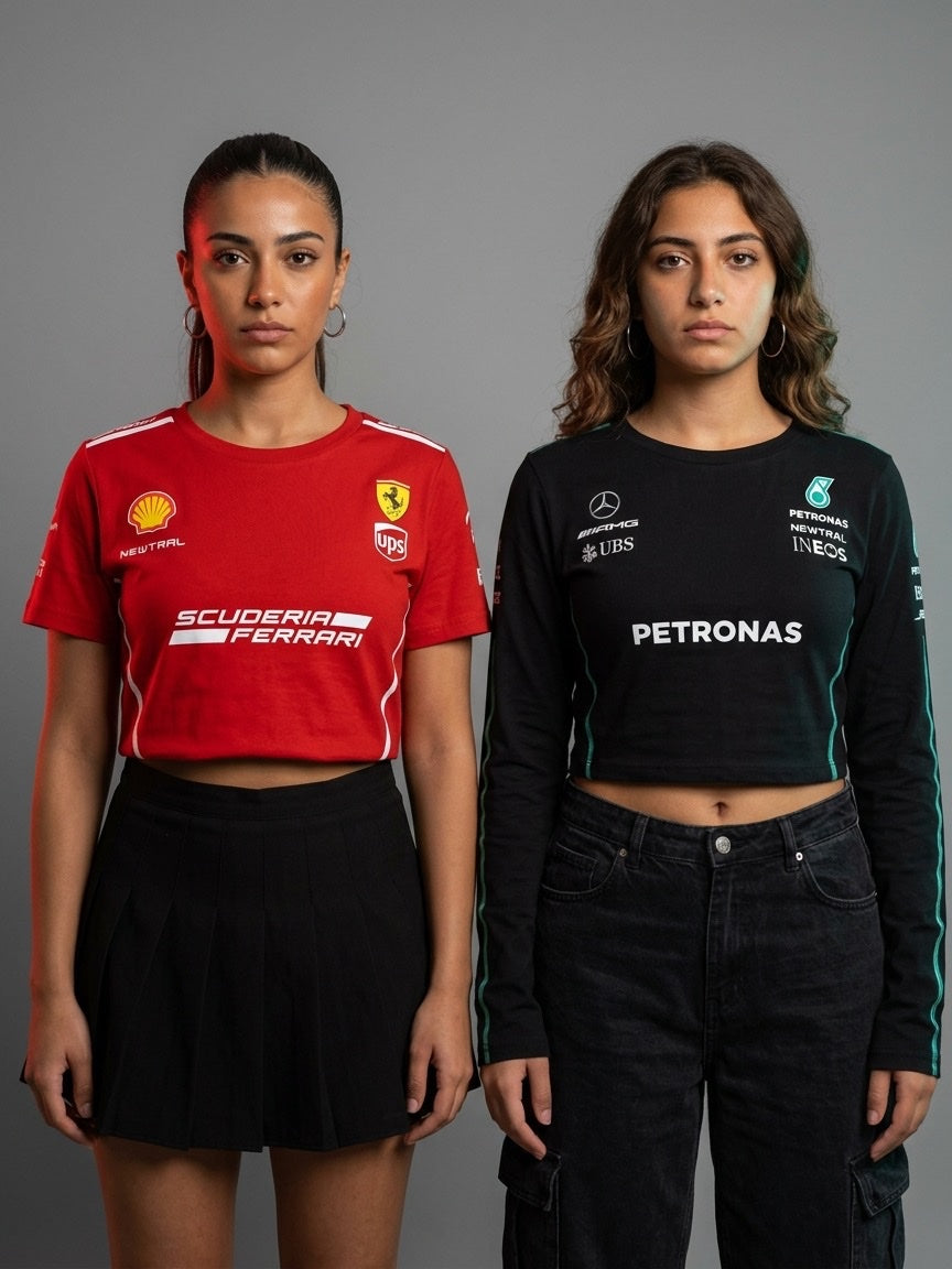 Ferrari Scuderia Women's Crop Tee (Red) and Mercedes-AMG Petronas Women's Longsleeve Crop (Black) bundle: Close/medium torso crop, both garments front-on, plain gray studio backdrop