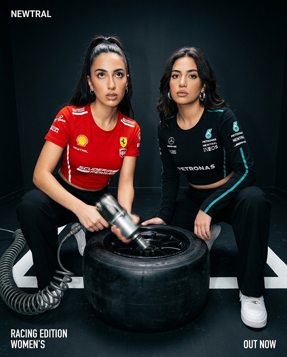 Ferrari Scuderia Women's Crop Tee (Red) and Mercedes-AMG Petronas Women's Longsleeve Crop (Black) bundle: Same crouching-wheel pose as file 1, tighter crop on the upper bodies