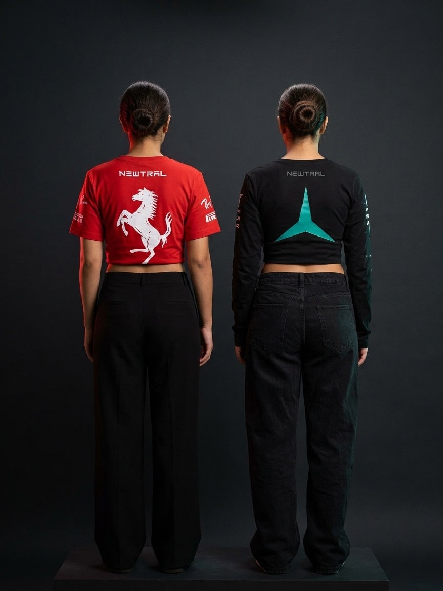 Ferrari Scuderia Women's Crop Tee (Red) and Mercedes-AMG Petronas Women's Longsleeve Crop (Black) bundle: Back view, both models, dark backdrop with a low dark pedestal