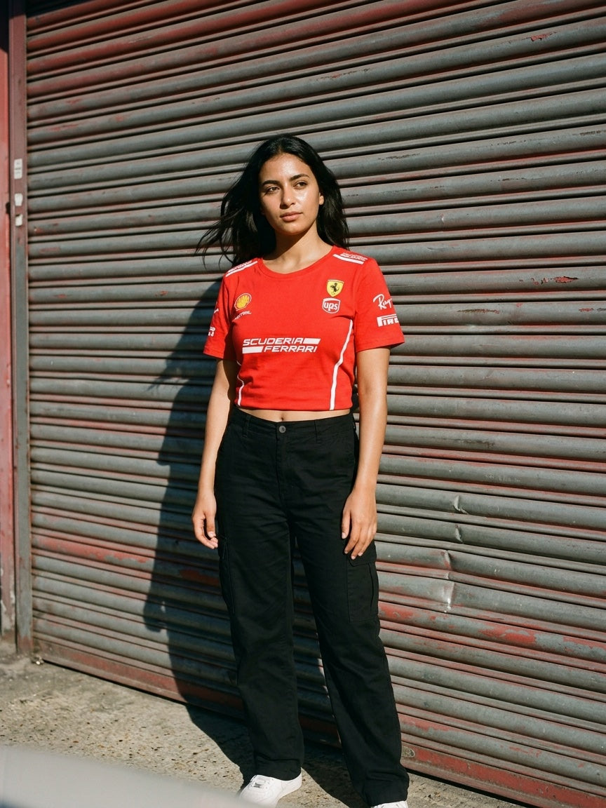 Newtral Ferrari Scuderia women's tee in red, model standing in front of a red roller shutter