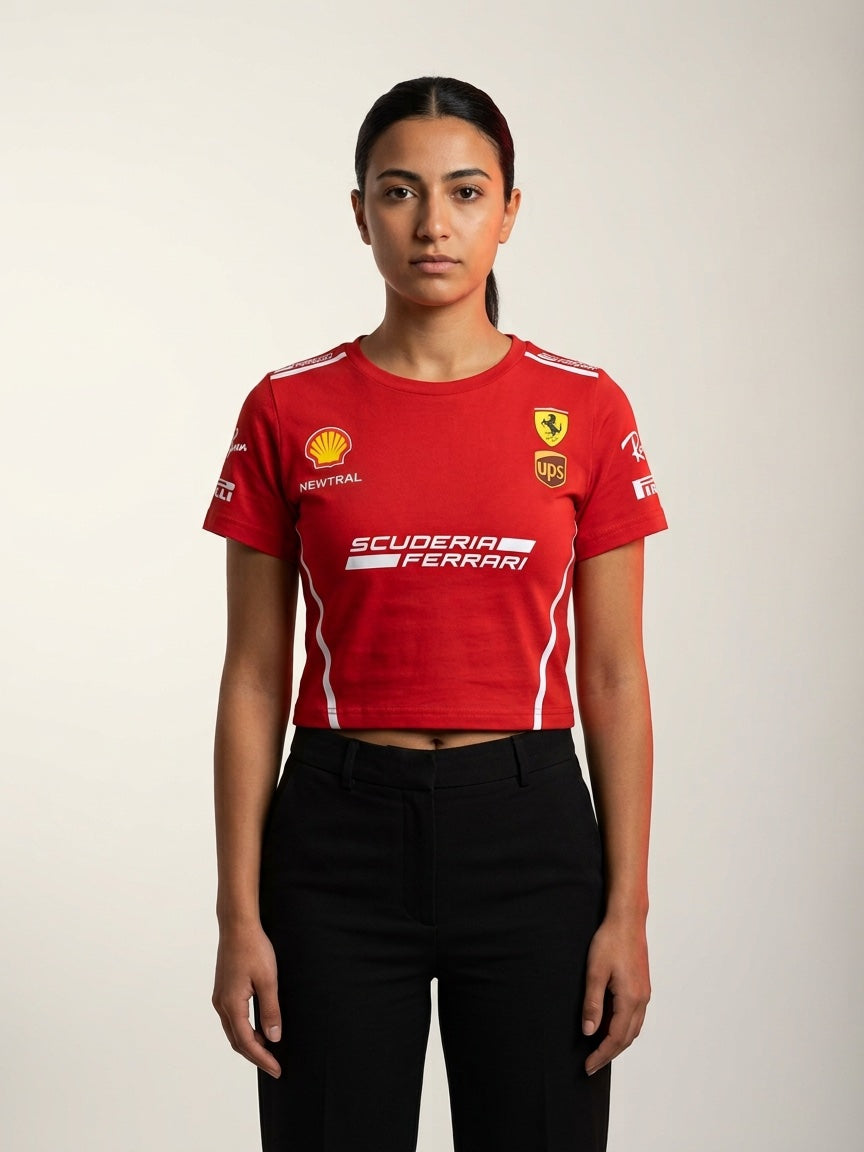 Newtral Ferrari Scuderia women's tee in red, front view, studio