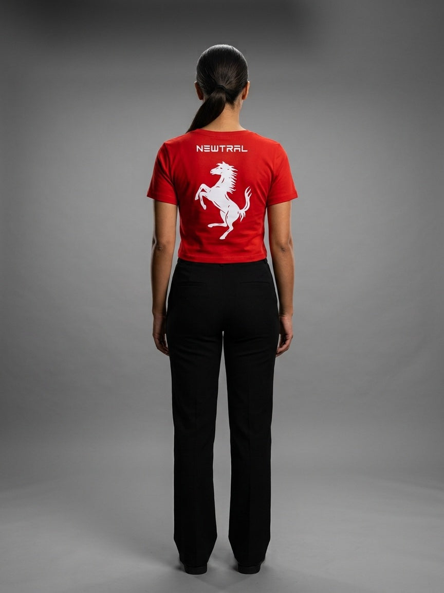 Newtral Ferrari Scuderia women's tee in red, back view with the prancing horse, studio