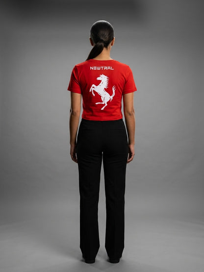 Newtral Ferrari Scuderia women's tee in red, back view with the prancing horse, studio