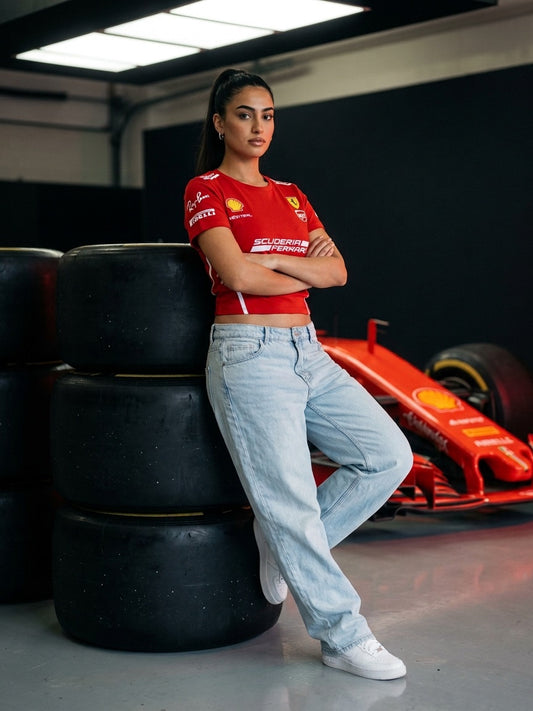 Newtral Ferrari Scuderia women's crop tee in red, model leaning on a tyre stack beside a Ferrari F1 car