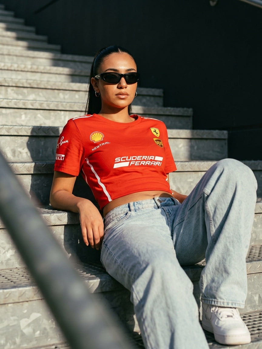 Newtral Ferrari Scuderia women's tee in red, model on metal stairs with sunglasses and jeans