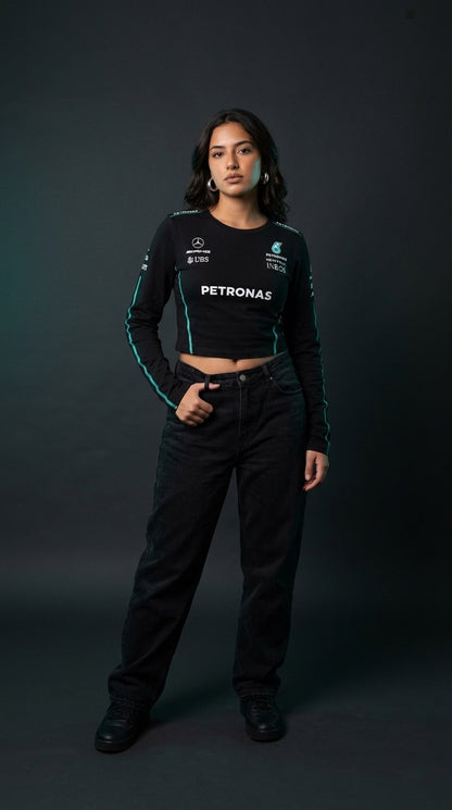 Newtral Mercedes-AMG Petronas women's long-sleeve top in black, front view, full body, studio