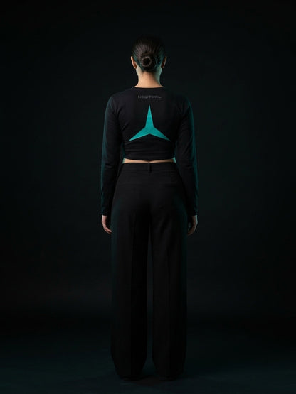 Newtral Mercedes-AMG Petronas women's long-sleeve top in black, back view with the teal star, full body, studio