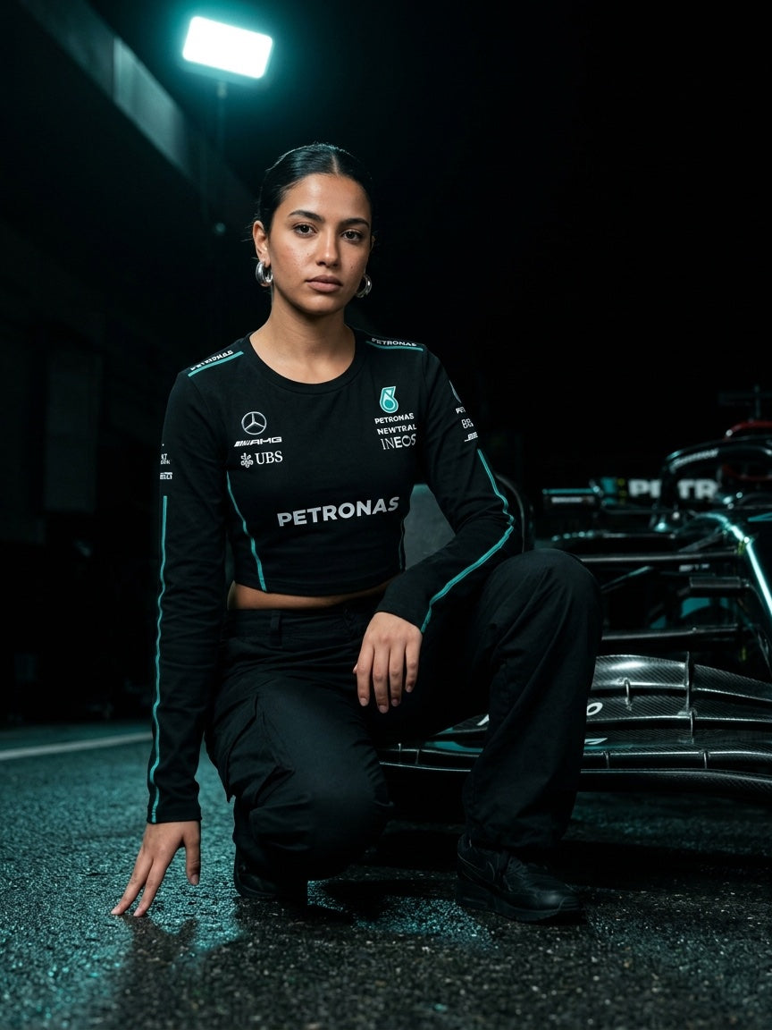 Newtral Mercedes-AMG Petronas women's long-sleeve top in black, model kneeling beside a Mercedes F1 car